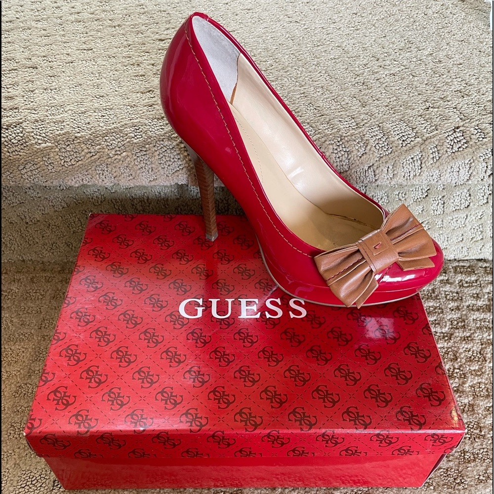 GUESS Red Platform Shoe, size 8, 4 1/2” heel.